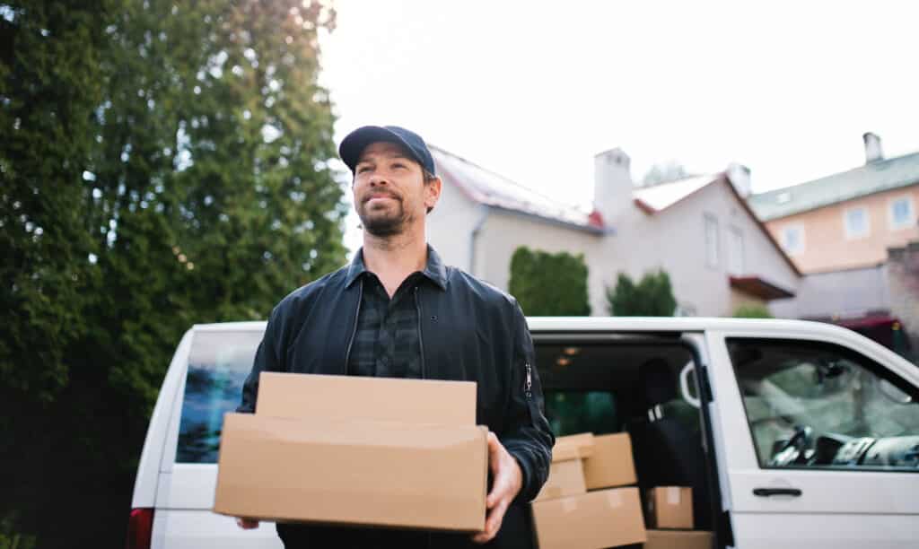 Front view portrait of delivery man courier delivering parcel box in town.